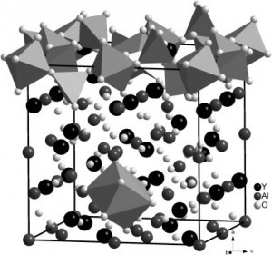 Ø  Fig. 1. Crystal structure of Y3Al5O12, showing one layer of the three-dimensional network of tilted AlO6octahedra and AlO4 tetrahedra as well as one YO8dodecahedron. 