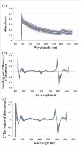 Fig. 6. Absorbance data for developing the calibration model. (a) Original absorbance, (b) pretreated absorbance using smoothing and 2nd derivative, (c) pretreated absorbance using 2nd derivative. 